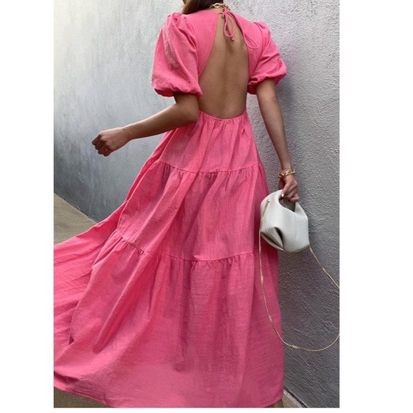Seven Wonders V Neck Puff Sleeve Linen Maxi Dress in Pink Size S - Picture 2 of 11